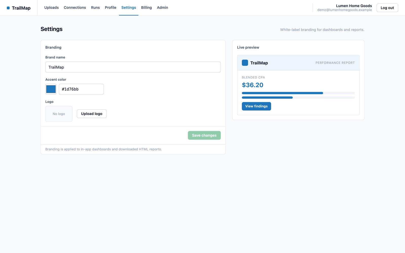 White-label settings: set brand name, accent color, and logo; the dashboard and exported HTML report carry the tenant's brand.